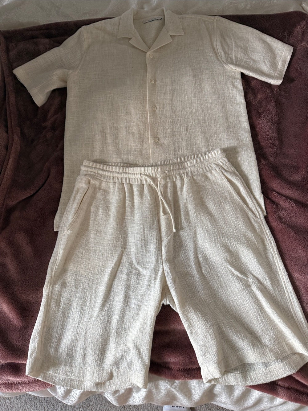 Men's Cream Short-Sleeve Linen-Style Shirt & Drawstring Shorts Set